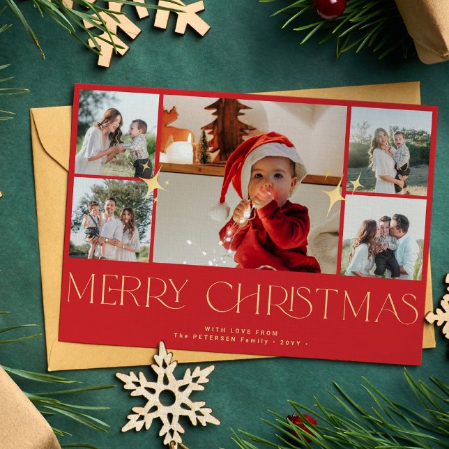 Modern gold typography photo collage red Christmas Holiday Card (Creator Uploaded)