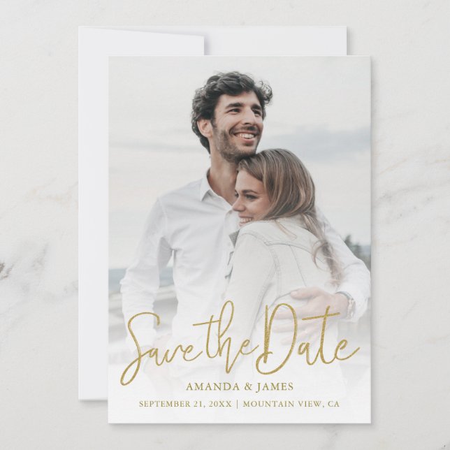 Modern Gold Typography Simple Photo Wedding  Save The Date (Front)