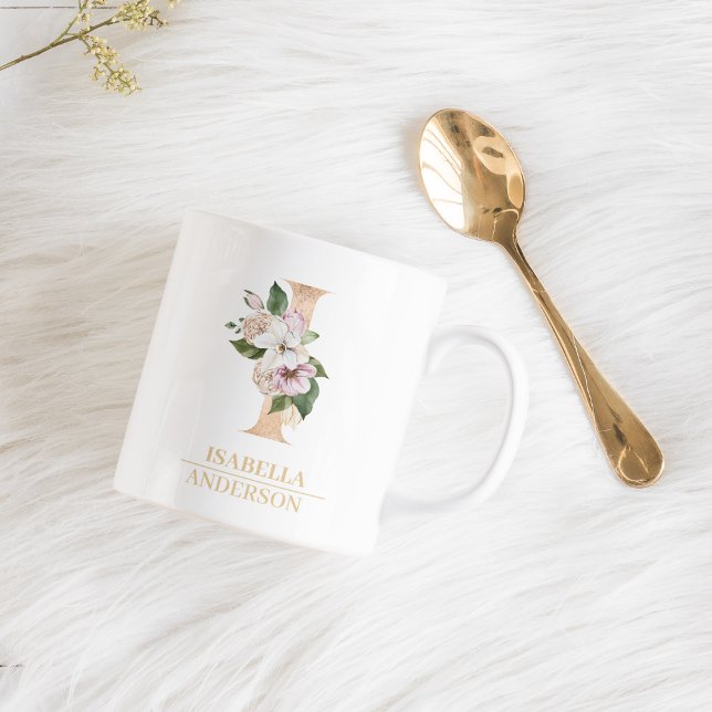 Modern Gold Watercolor Flower Letter I | Monogram  Coffee Mug (Creator Uploaded)