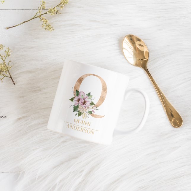 Modern Gold Watercolor Flower Letter Q | Monogram  Coffee Mug (Creator Uploaded)