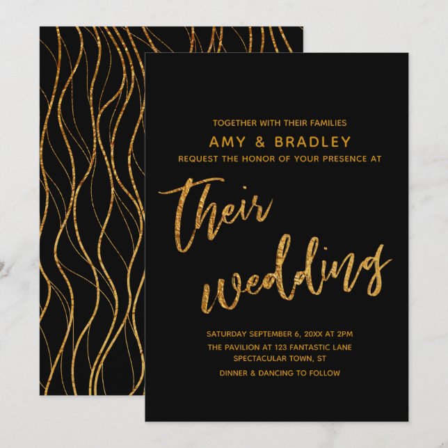 Modern Gold Waves and Handwriting Black Wedding Invitation (Front/Back)