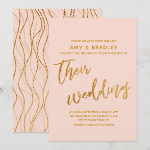 Modern Gold Waves and Handwriting Blush Wedding Invitation