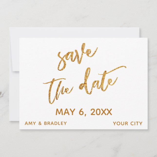 Modern Gold Waves and Handwriting White Save The Date (Front)