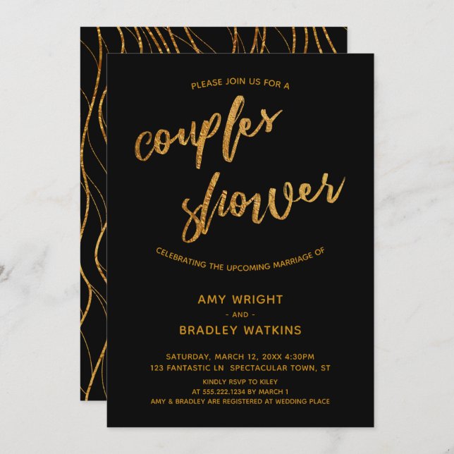 Modern Gold Waves Handwriting Black Couples Shower Invitation (Front/Back)
