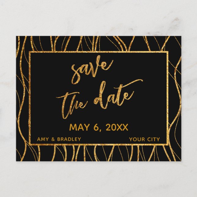 Modern Gold Waves Handwriting Black Save the Date Announcement Postcard (Front)