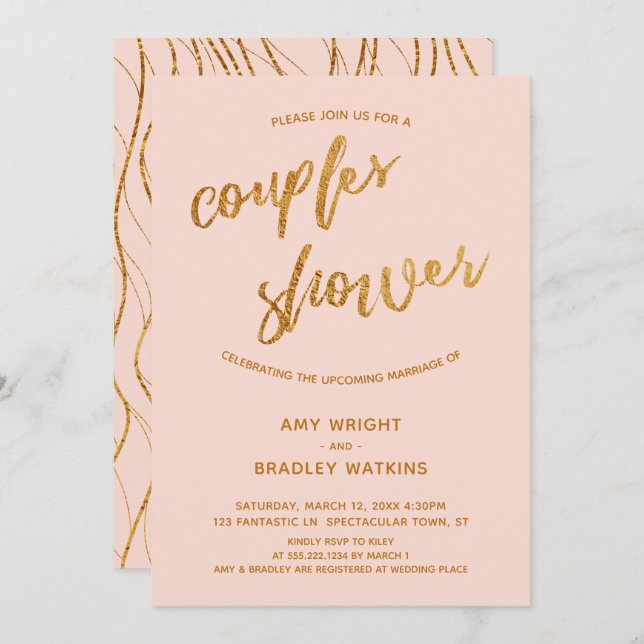 Modern Gold Waves Handwriting Blush Couples Shower Invitation (Front/Back)