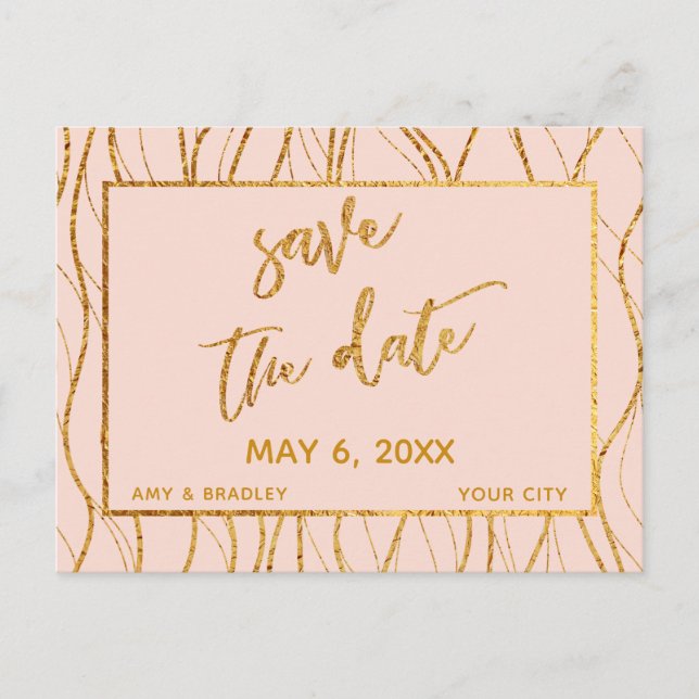 Modern Gold Waves Handwriting Blush Save the Date Announcement Postcard (Front)
