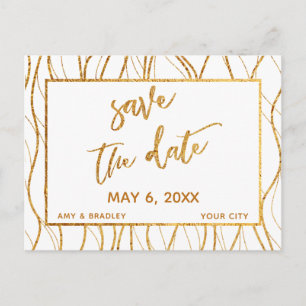 Modern Gold Waves Handwriting White Save the Date Announcement Postcard