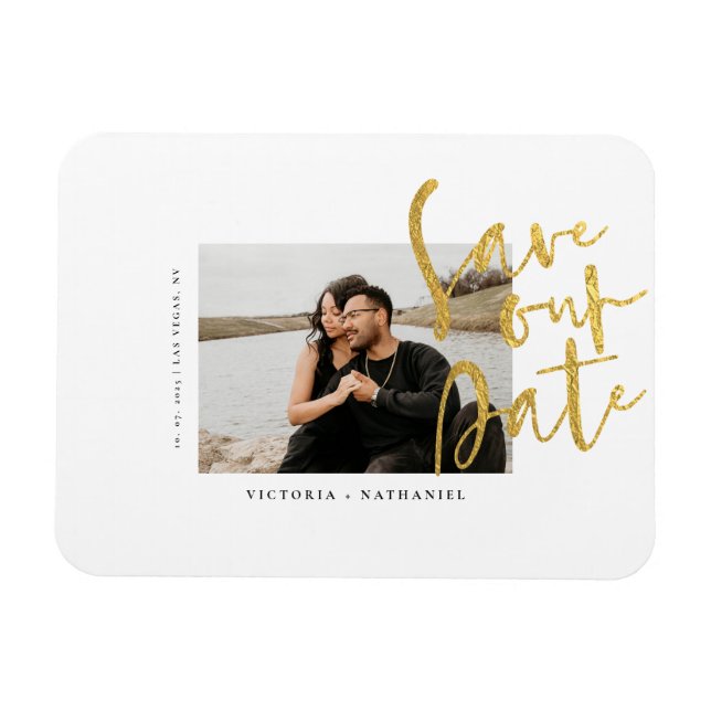 Modern Gold Wedding Photo Save The Date Magnet (Horizontal)