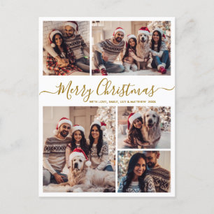 Modern Gold White 5 photo Collage Christmas Postcard