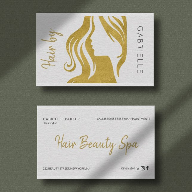Modern gold white and black script hair stylist business card (Creator Uploaded)