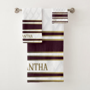 Modern Gold White And Burgundy Geometric Bath Towel Set