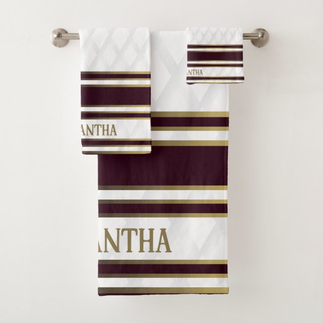 Modern Gold White And Burgundy Geometric Bath Towel Set (Insitu)