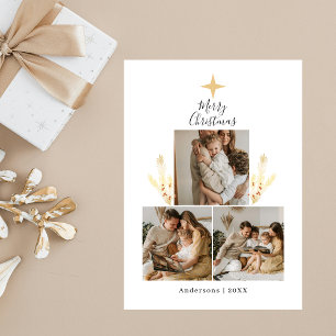 Modern Gold & White Christmas Tree 3 Photo Collage Holiday Card