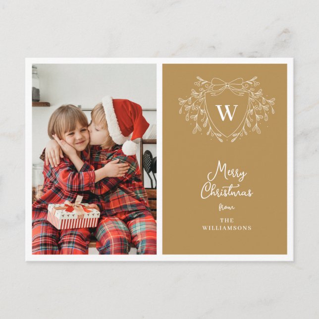 Modern gold & white classy crest photo holiday postcard (Front)