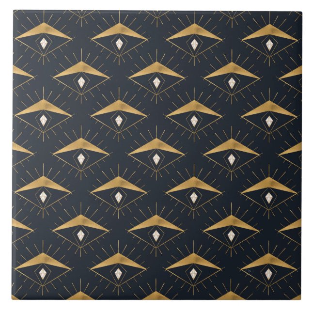 Modern Gold White Diamond Eyes Blue Pattern Ceramic Tile (Front)