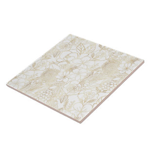 Modern Gold White Floral Doodles line art Ceramic Tile