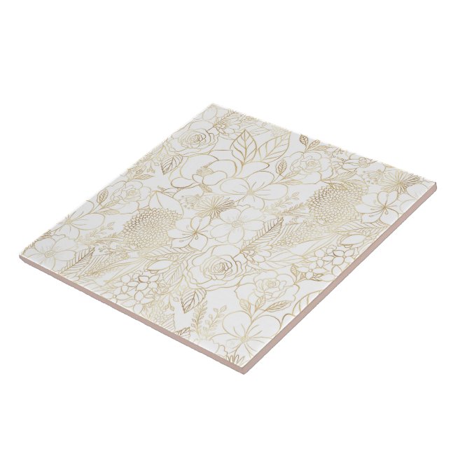 Modern Gold White Floral Doodles line art Ceramic Tile (Side)