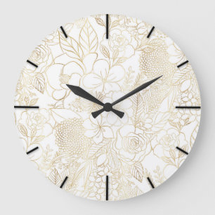 Modern Gold White Floral Doodles line art Large Clock