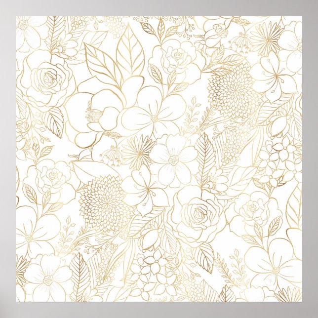 Modern Gold White Floral Doodles line art Poster (Front)