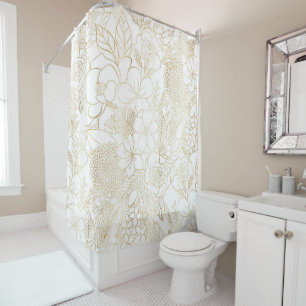 Modern Gold White Floral Doodles line art Shower Curtain