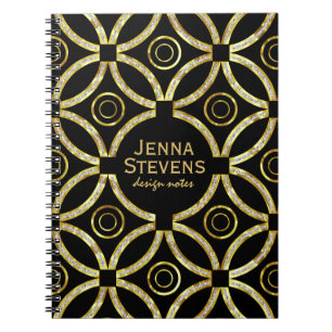 Modern Gold & White Glitter Geometric On Black Notebook