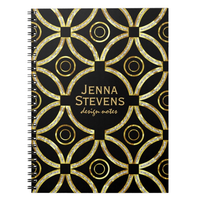 Modern Gold & White Glitter Geometric On Black Notebook (Front)