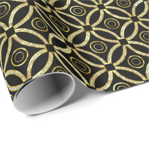 Modern Gold & White Glitter Geometric On Black Wrapping Paper
