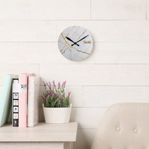 Modern Gold & White Marble Minimalist Luxury Round Clock