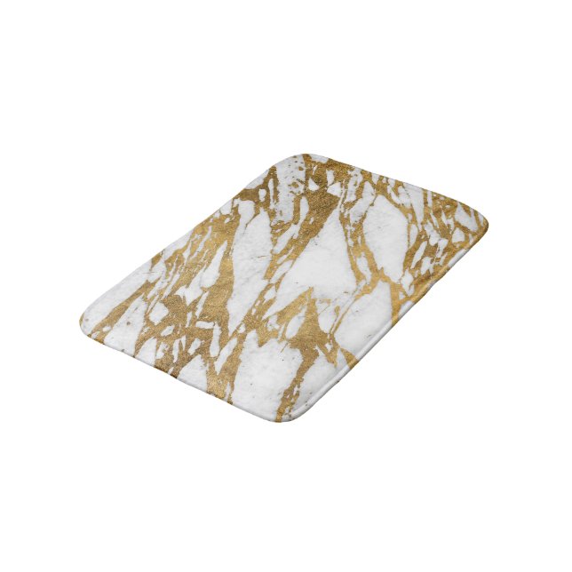 Modern Gold White Marble Stone Chic Pattern Bath Mat (Angled)