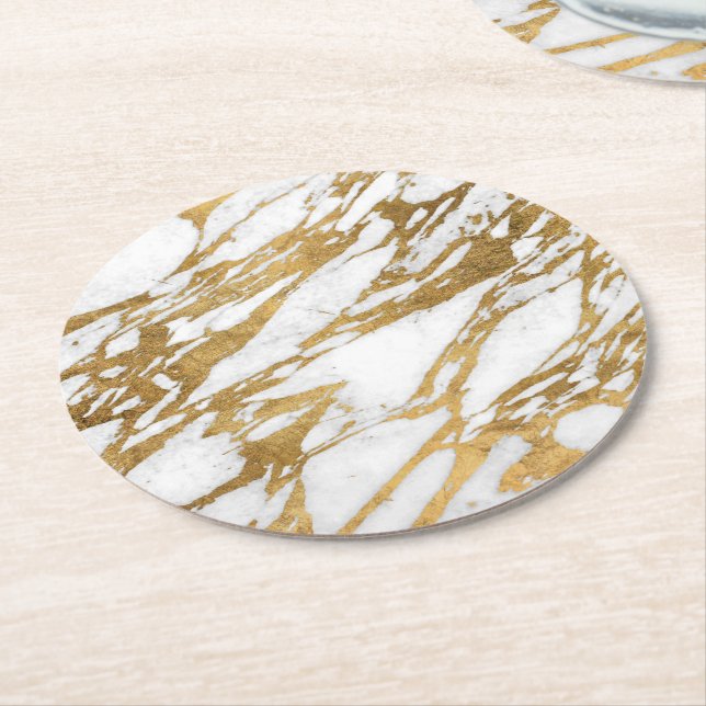 Modern Gold White Marble Stone Chic Pattern Round Paper Coaster (Angled)