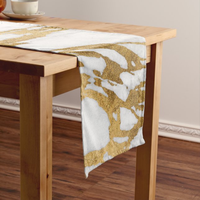 Modern Gold White Marble Stone Chic Pattern Short Table Runner (In Situ)