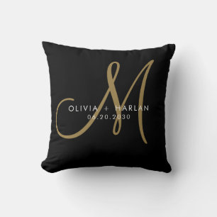 Modern Gold White Monogram Black Wedding Keepsake Cushion
