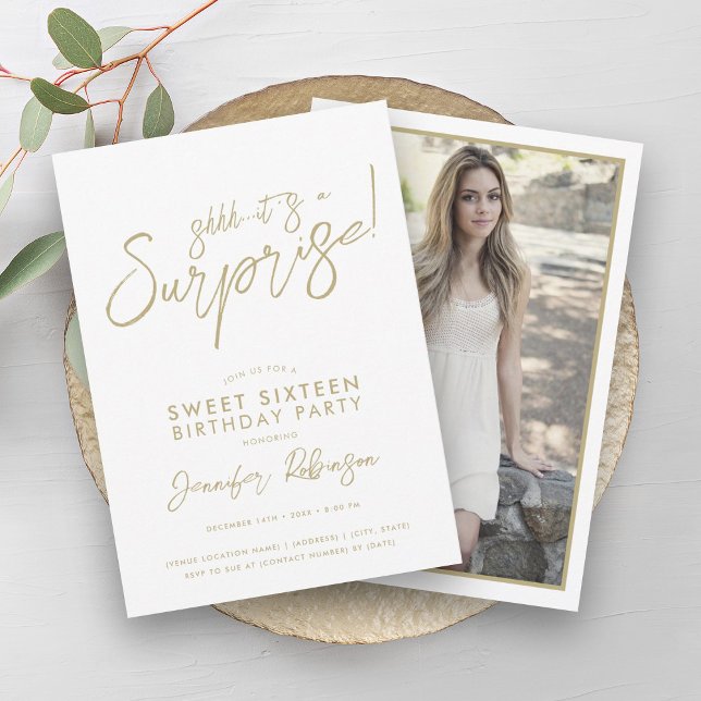 Modern Gold & White Photo Surprise Sweet 16 Invitation (Modern Gold & White Photo Surprise Sweet 16 Invitation)