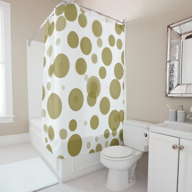 Modern Gold & White Polka Dot Bubbles Party Shower Curtain (In Situ)