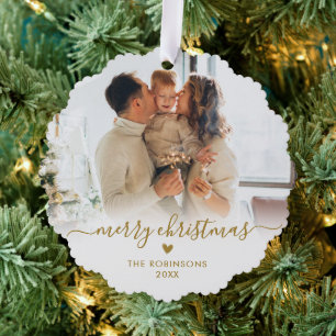 Modern Gold White Script 2 Family Photo Christmas Tree Decoration Card