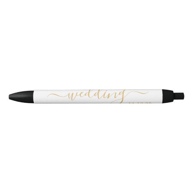 Modern Gold & White Simple Script Wedding Favour Black Ink Pen (Front)