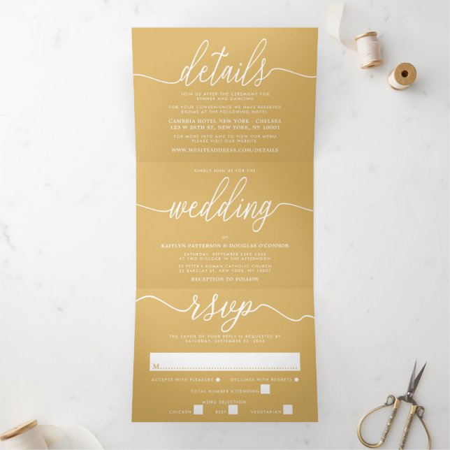 Modern Gold & White Simple Script Wedding Suite Tri-Fold Invitation (Inside)