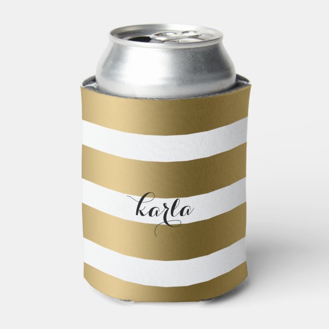 Modern Gold & White Stripes pattern Monogram Can Cooler (Can Front)