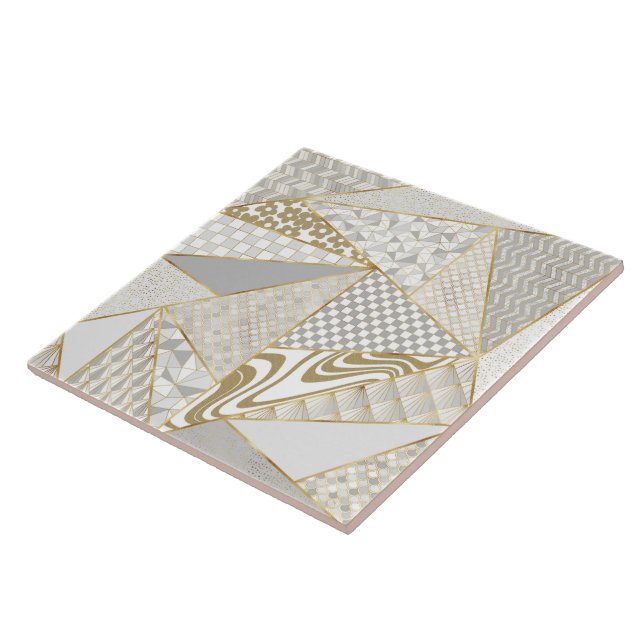 Modern Gold White Triangles Geometric Pattern Ceramic Tile (Side)
