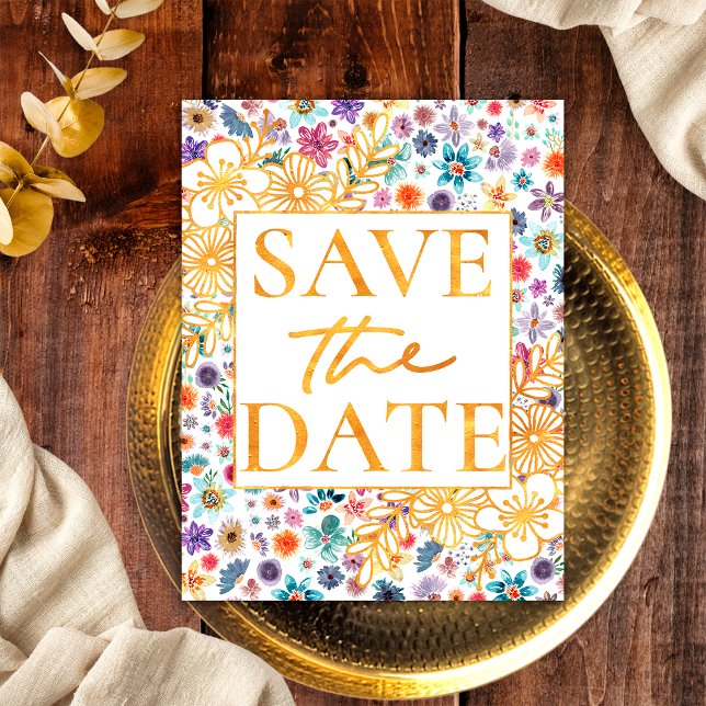 Modern Gold Wildflower Spring Garden Save The Date Postcard (Front)