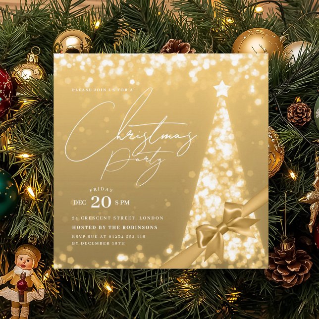 MODERN Gold Winter Christmas Tree Bow Party  Invitation (MODERN Gold Winter Christmas Tree Bow Party Invitation)