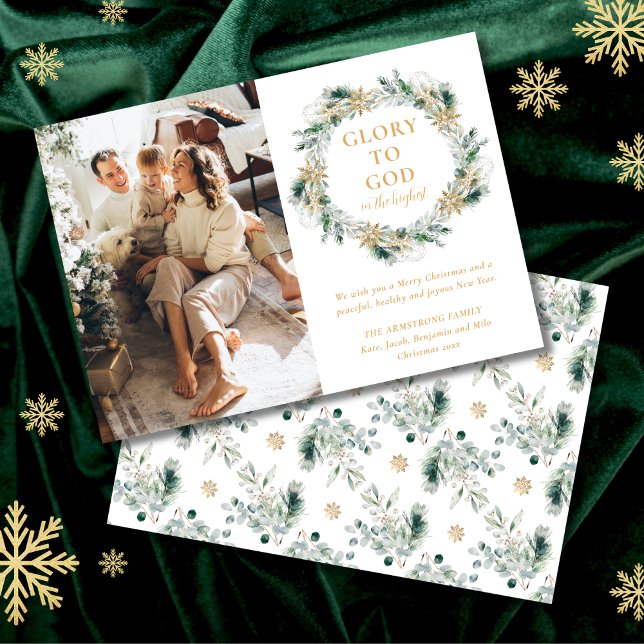 Modern Gold Winter Greenery Religious Christmas Holiday Card (Glory to God religious Christmas card with winter greenery and family photo.)