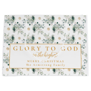 Modern Gold Winter Greenery Religious Christmas Large Gift Bag