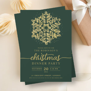 Modern Gold Winter Snowflake Christmas Green  Invitation