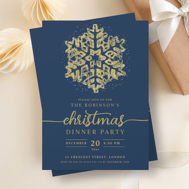 Modern Gold Winter Snowflake Christmas Navy  Invitation (Modern Gold Winter Snowflake Christmas Navy Invitation)
