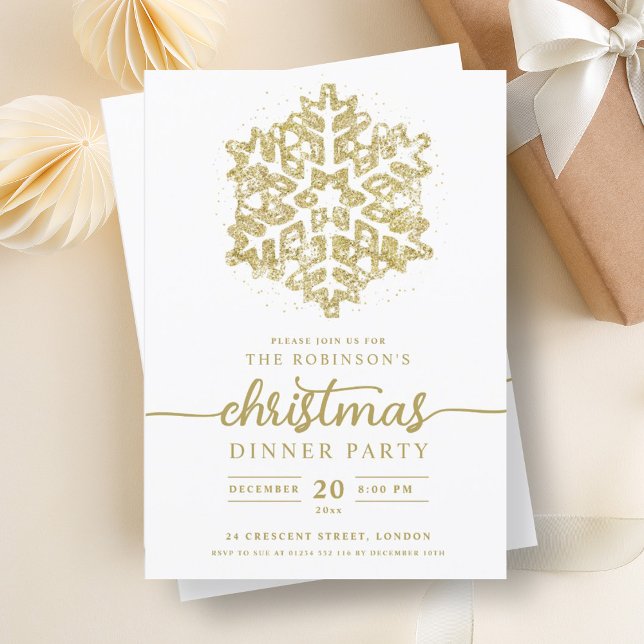 Modern Gold Winter Snowflake Christmas Party  Invitation (Modern Gold Winter Snowflake Christmas Party Invitation)