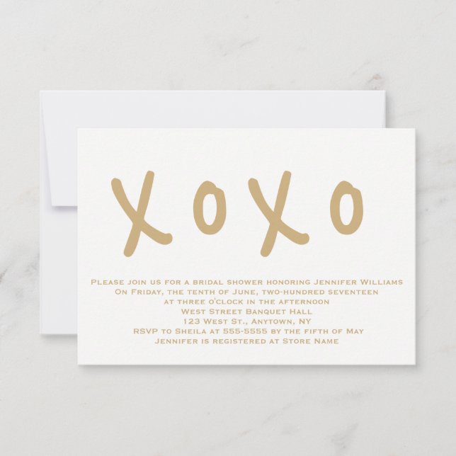 Modern gold xoxo bridal shower invitations (Front)