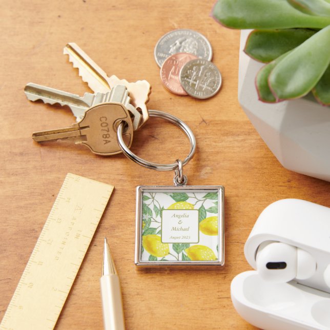 Modern Gold Yellow Lemons Green Leaves Wedding Key Ring (Desk)
