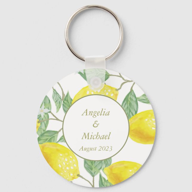 Modern Gold Yellow Lemons Green Leaves Wedding Key Ring (Front)